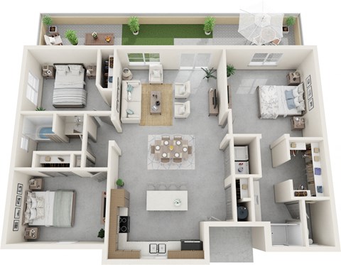 a 3d floor plan of a house with bedrooms and a living room